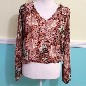 Angie Boho Floral & Cheetah Print Semi Balloon Sleeves Blouson Top XS